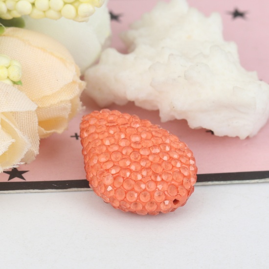 Picture of Polymer Clay Beads Drop Orange Rhinestone About 24mm x 18mm, Hole: Approx 0.6mm, 1 Piece