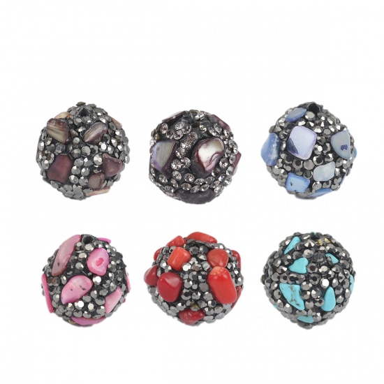 Picture of Polymer Clay Beads Round Gun Black Rhinestone About 17mm Dia, Hole: Approx 1.8mm, 2 PCs