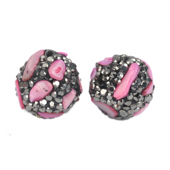 Picture of Polymer Clay Beads Round Fuchsia Gun Black Rhinestone About 17mm Dia, Hole: Approx 1.8mm, 2 PCs