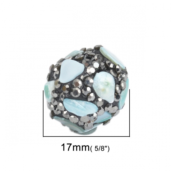 Picture of Polymer Clay Beads Round Light Green Gun Black Rhinestone About 17mm Dia, Hole: Approx 1.8mm, 2 PCs