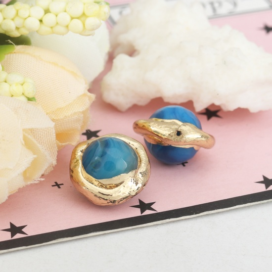 Picture of Polymer Clay Beads Round Blue & Golden Plating About 14mm x 13mm, Hole: Approx 0.5mm, 2 PCs