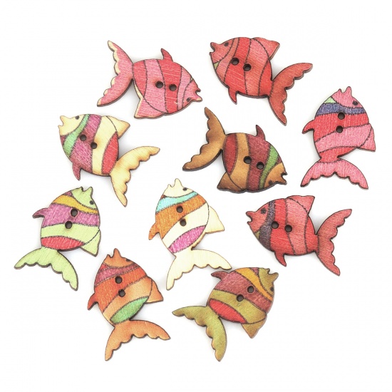 Picture of Wood Sewing Buttons Scrapbooking Two Holes Tropical Fish At Random Mixed 27mm x 19mm, 50 PCs