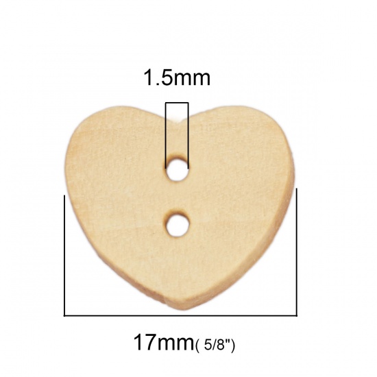 Picture of Wood Sewing Buttons Scrapbooking Two Holes Heart Natural 17mm x 15mm, 100 PCs