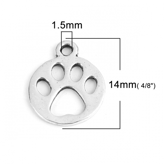 Picture of Zinc Based Alloy Pet Memorial Charms Round Silver Tone Paw Claw 14mm x 11mm, 50 PCs