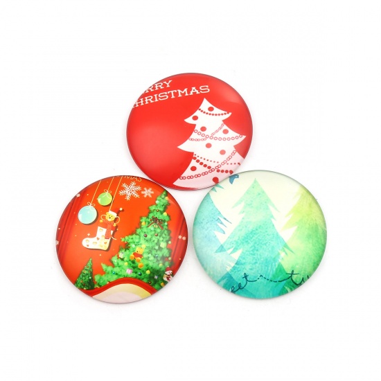 Picture of Glass Dome Seals Cabochon Round Flatback At Random Christmas Tree Pattern 8mm Dia, 3 PCs