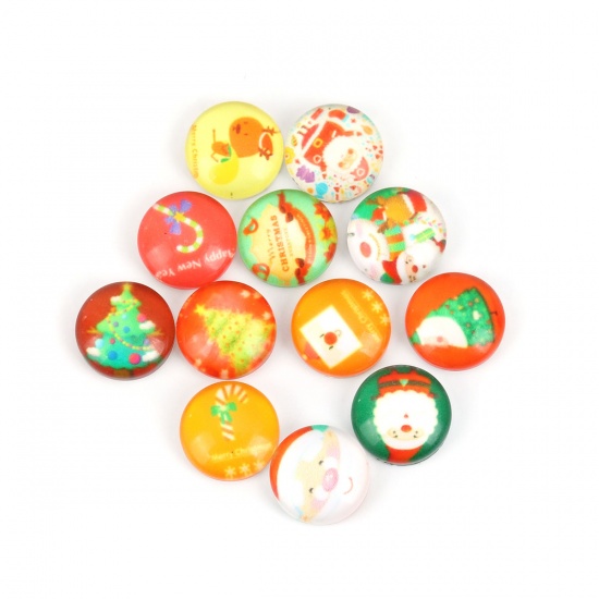 Picture of Glass Christmas Dome Seals Cabochon Round Flatback At Random Pattern 10mm Dia, 50 PCs