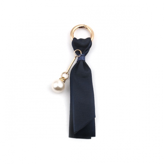 Bild von Schlüsselkette & Schlüsselring Vergoldet Kornblume blau Band Imitat Perle 13.5cm x 2.8cm, 1 Stück