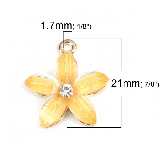 Picture of Zinc Based Alloy & Resin Charms Flower Gold Plated Yellow Clear Rhinestone 21mm x 19mm, 10 PCs