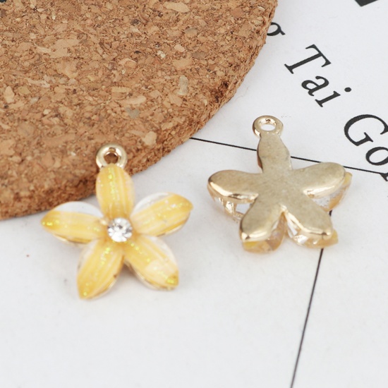 Picture of Zinc Based Alloy & Resin Charms Flower Gold Plated Yellow Clear Rhinestone 21mm x 19mm, 10 PCs