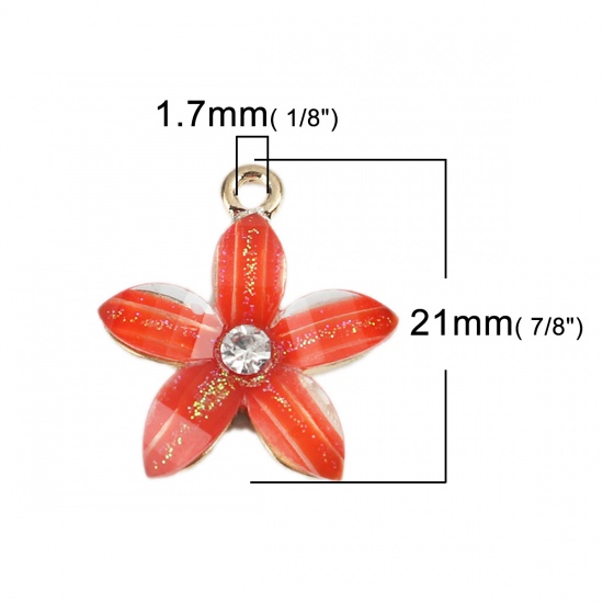 Picture of Zinc Based Alloy & Resin Charms Flower Gold Plated Orange-red Clear Rhinestone 21mm x 19mm, 10 PCs