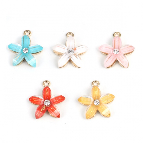 Picture of Zinc Based Alloy & Resin Charms Flower Gold Plated Orange-red Clear Rhinestone 21mm x 19mm, 10 PCs
