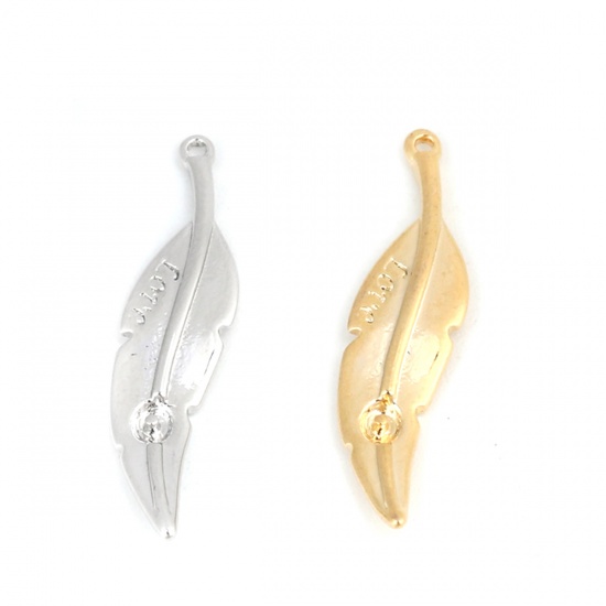Picture of Brass Charms Silver Tone Feather Message " LOVE " 24mm x 6mm, 5 PCs                                                                                                                                                                                           