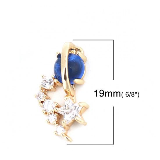 Picture of Brass Galaxy Charms 18K Real Gold Plated Blue Planet Clear Rhinestone 19mm x 11mm, 1 Piece