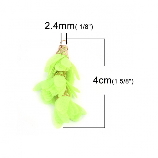 Picture of Fabric Tassel Pendants Flower Gold Plated Neon Green 4cm x 2cm, 10 PCs