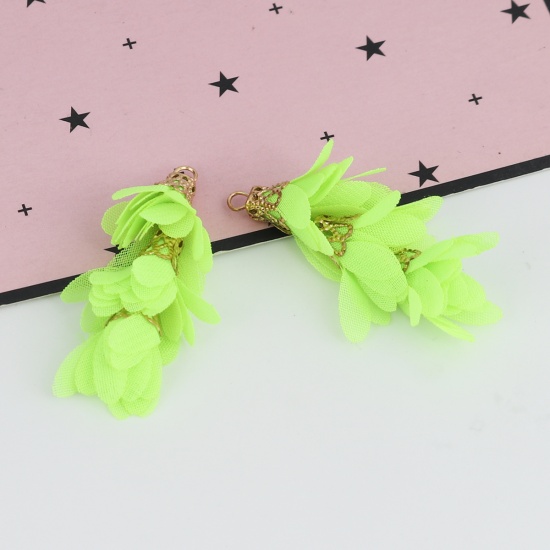 Picture of Fabric Tassel Pendants Flower Gold Plated Neon Green 4cm x 2cm, 10 PCs