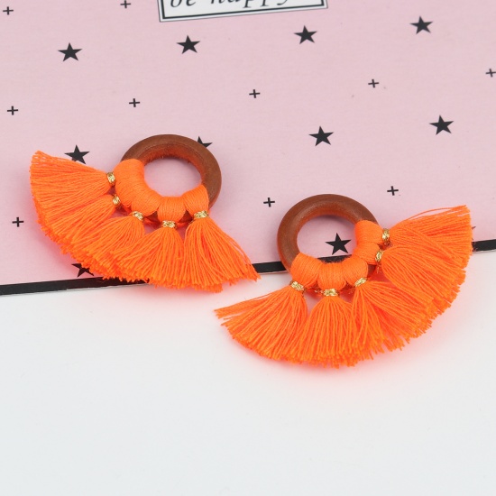 Immagine di Legno & Poliestere Nappine Ciondoli A Forma di Ventagli Arancione Scuro 5cm x 3.5cm, 5 Pz