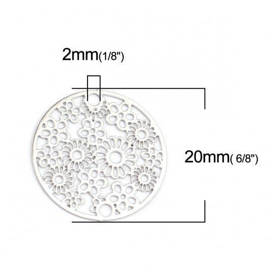 Picture of Brass Filigree Stamping Connectors Round Silver Tone Flower 20mm Dia., 10 PCs                                                                                                                                                                                 