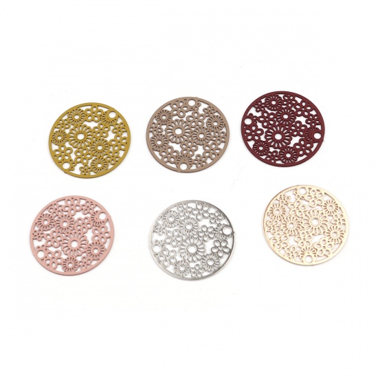 Picture of Brass Filigree Stamping Connectors Round Silver Tone Flower 20mm Dia., 10 PCs                                                                                                                                                                                 