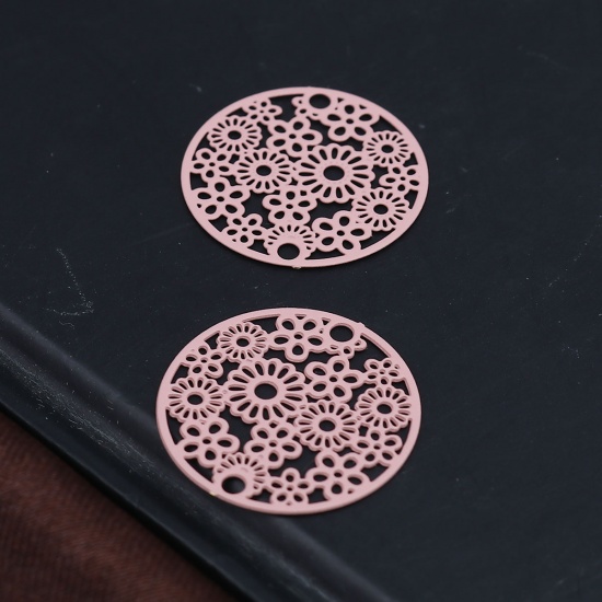 Picture of Brass Filigree Stamping Connectors Round Pale Pinkish Gray Flower 20mm Dia., 10 PCs                                                                                                                                                                           