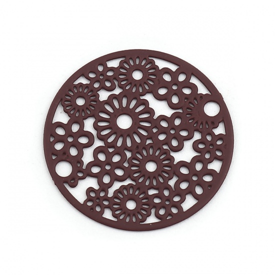 Picture of Brass Filigree Stamping Connectors Round Wine Red Flower 20mm Dia., 10 PCs                                                                                                                                                                                    