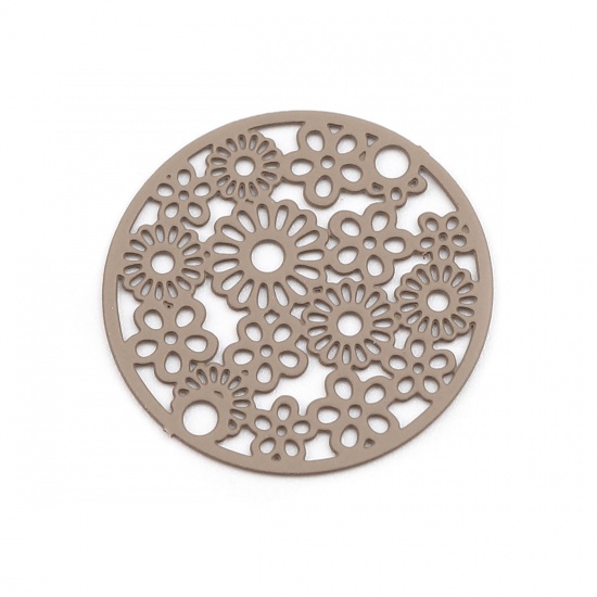 Picture of Brass Filigree Stamping Connectors Round Light Coffee Flower 20mm Dia., 10 PCs                                                                                                                                                                                