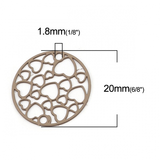 Picture of Brass Filigree Stamping Connectors Round Light Coffee Heart 20mm Dia., 10 PCs                                                                                                                                                                                 