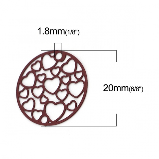 Picture of Brass Filigree Stamping Connectors Round Wine Red Heart 20mm Dia., 10 PCs                                                                                                                                                                                     