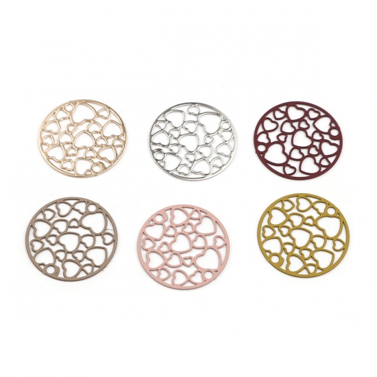 Picture of Brass Filigree Stamping Connectors Round Silver Tone Heart 20mm Dia., 10 PCs                                                                                                                                                                                  