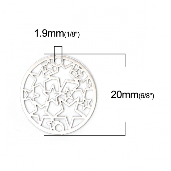 Picture of Brass Filigree Stamping Connectors Round Silver Tone Pentagram Star 20mm Dia., 10 PCs                                                                                                                                                                         
