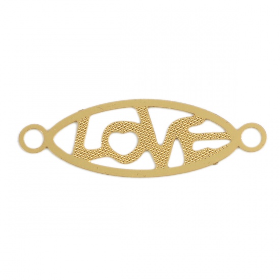 Picture of Brass Filigree Stamping Connectors Oval Gold Plated Initial Alphabet/ Capital Letter Message " LOVE " Hollow 25mm x 8mm, 20 PCs                                                                                                                               