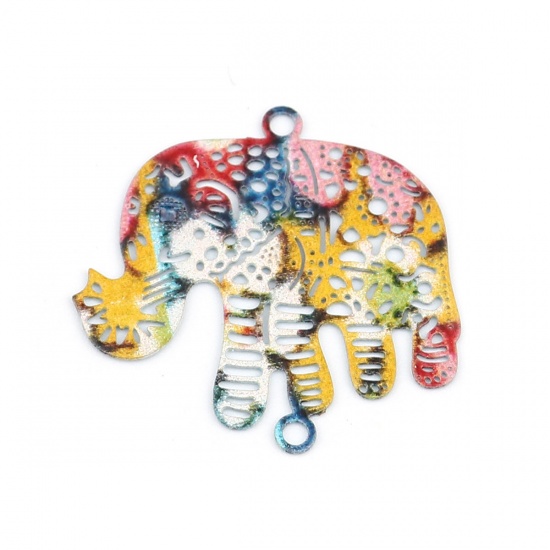 Picture of Brass Filigree Stamping Connectors Elephant Animal Multicolor Painting 24mm x 23mm, 10 PCs