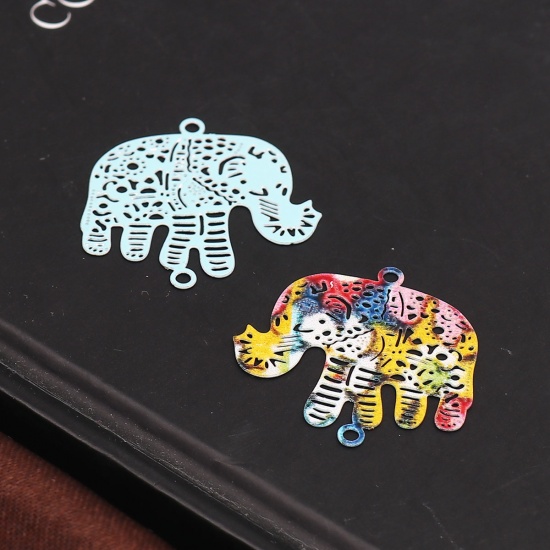 Picture of Brass Filigree Stamping Connectors Elephant Animal Multicolor Painting 24mm x 23mm, 10 PCs