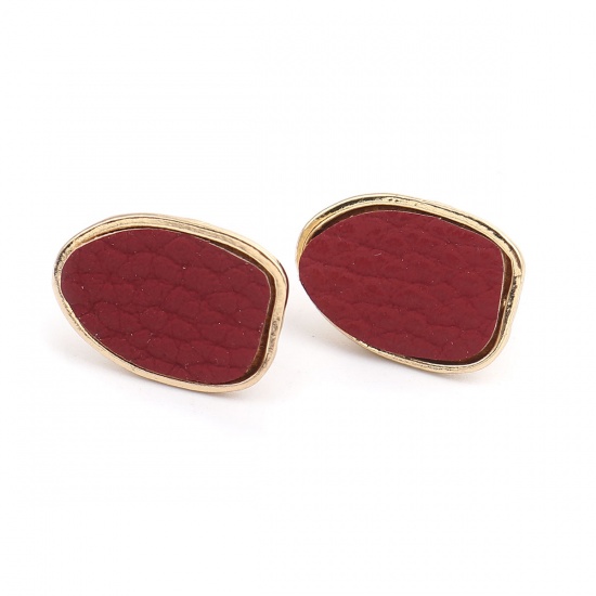 Picture of Zinc Based Alloy & PU Ear Post Stud Earrings Findings Drop Gold Plated Wine Red W/ Loop 19mm x 14mm, Post/ Wire Size: (21 gauge), 4 PCs