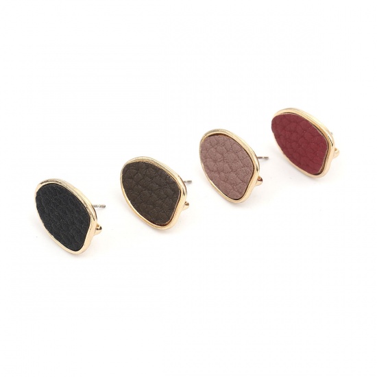 Picture of Zinc Based Alloy & PU Ear Post Stud Earrings Findings Drop Gold Plated Wine Red W/ Loop 19mm x 14mm, Post/ Wire Size: (21 gauge), 4 PCs