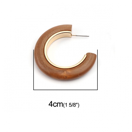 Picture of Zinc Based Alloy & Natural Wood Hoop Earrings Gold Plated Brown C Shape 40mm x 40mm, Post/ Wire Size: (21 gauge), 2 PCs