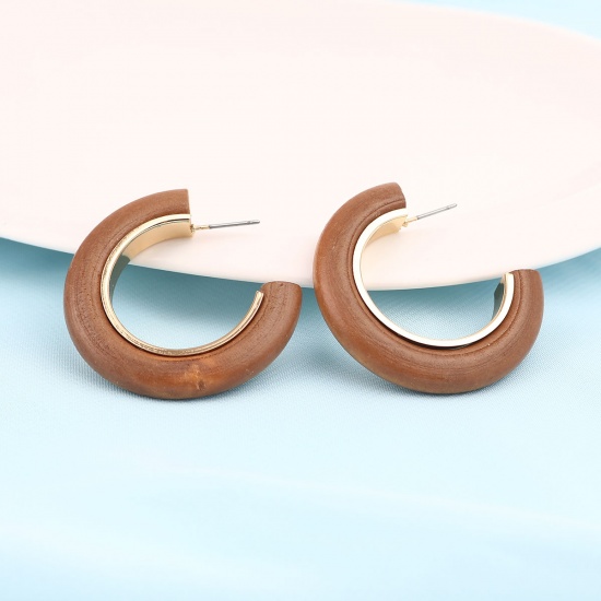 Picture of Zinc Based Alloy & Natural Wood Hoop Earrings Gold Plated Brown C Shape 40mm x 40mm, Post/ Wire Size: (21 gauge), 2 PCs