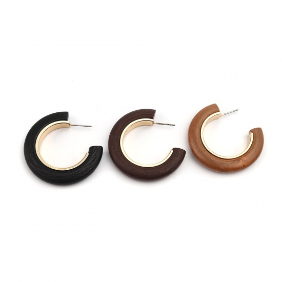 Picture of Zinc Based Alloy & Natural Wood Hoop Earrings Gold Plated Brown C Shape 40mm x 40mm, Post/ Wire Size: (21 gauge), 2 PCs