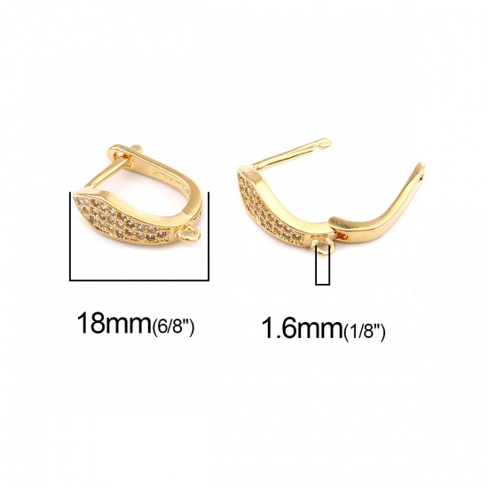 Picture of Brass Ear Post Stud Earrings Gold Plated W/ Loop Clear Rhinestone 18mm x 13mm, Post/ Wire Size: (21 gauge), 2 PCs                                                                                                                                             