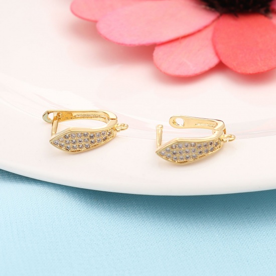 Picture of Brass Ear Post Stud Earrings Gold Plated W/ Loop Clear Rhinestone 18mm x 13mm, Post/ Wire Size: (21 gauge), 2 PCs                                                                                                                                             