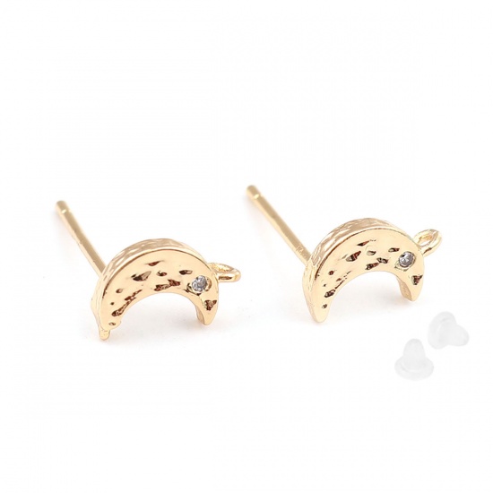 Picture of Brass Ear Post Stud Earrings Gold Plated Half Moon W/ Loop Clear Rhinestone 9mm x 5mm, Post/ Wire Size: (21 gauge), 2 PCs                                                                                                                                     