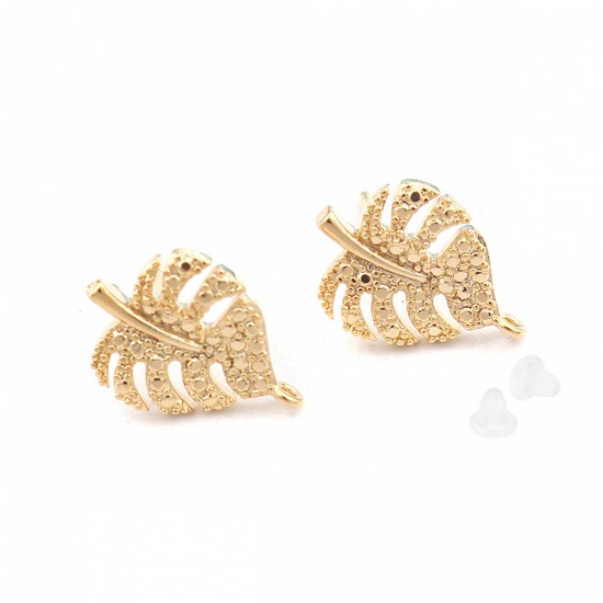 Picture of Brass Ear Post Stud Earrings Gold Plated Leaf W/ Loop 15mm x 10mm, Post/ Wire Size: (21 gauge), 2 PCs                                                                                                                                                         