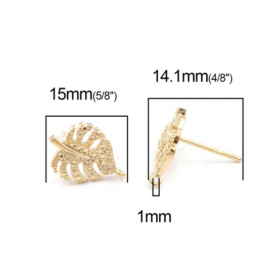 Picture of Brass Ear Post Stud Earrings Gold Plated Leaf W/ Loop 15mm x 10mm, Post/ Wire Size: (21 gauge), 2 PCs                                                                                                                                                         