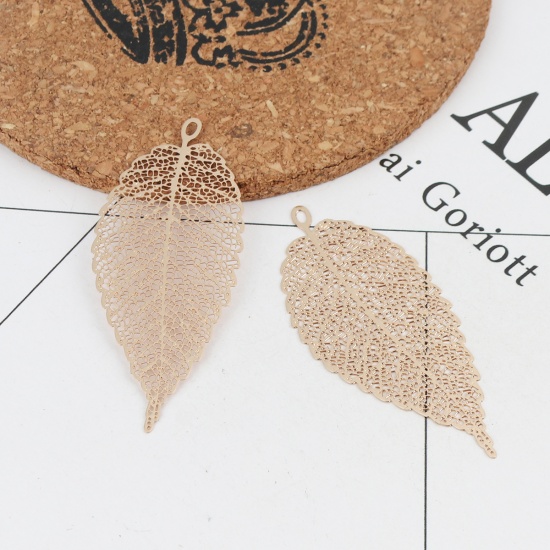 Picture of Brass Filigree Stamping Pendants Gold Plated Leaf 5.5cm x 2.4cm, 10 PCs                                                                                                                                                                                       