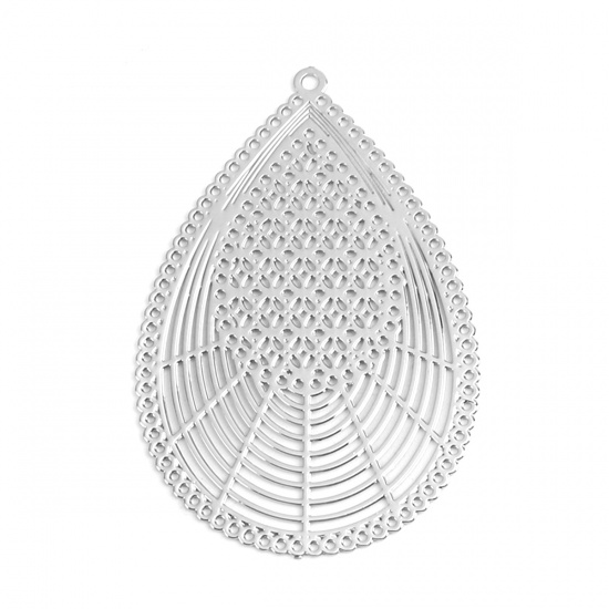 Bild von Messing Filigran Stempel Verzierung Anhänger Tropfen Silberfarbe 4.2cm x 2.7cm, 10 Stück
