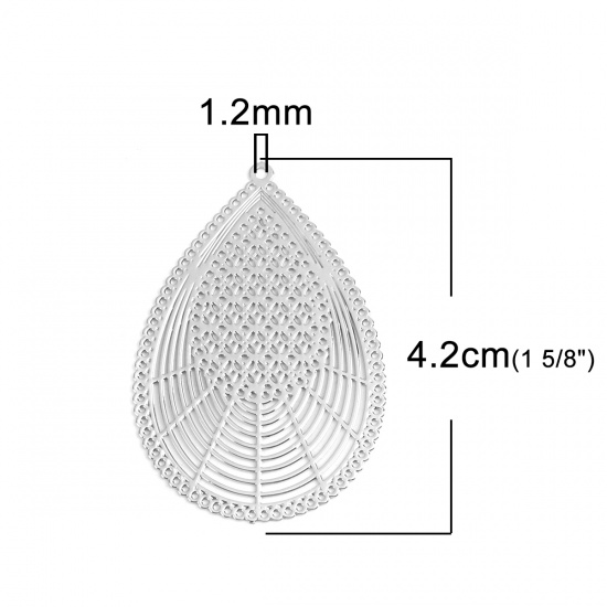 Bild von Messing Filigran Stempel Verzierung Anhänger Tropfen Silberfarbe 4.2cm x 2.7cm, 10 Stück