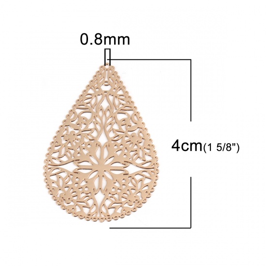 Imagen de Latón Filigrana Estampación Colgantes Chapado en Oro Gota 4cm x 2.7cm, 10 Unidades