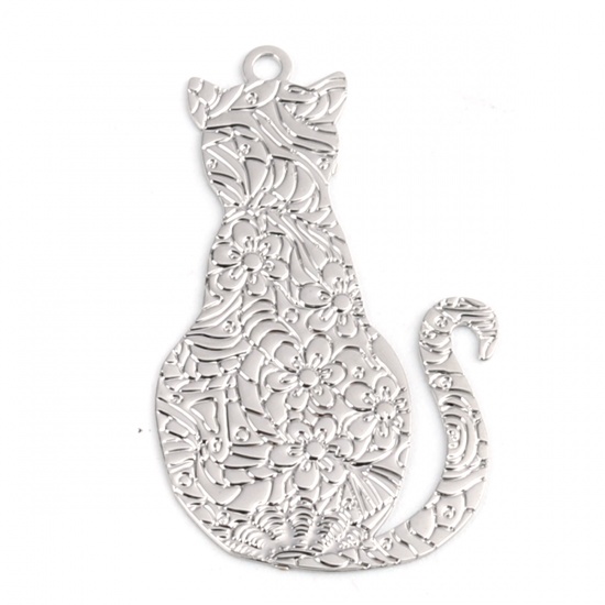 Picture of Brass Filigree Stamping Charms Silver Tone Cat Animal 29mm x 17mm, 10 PCs                                                                                                                                                                                     