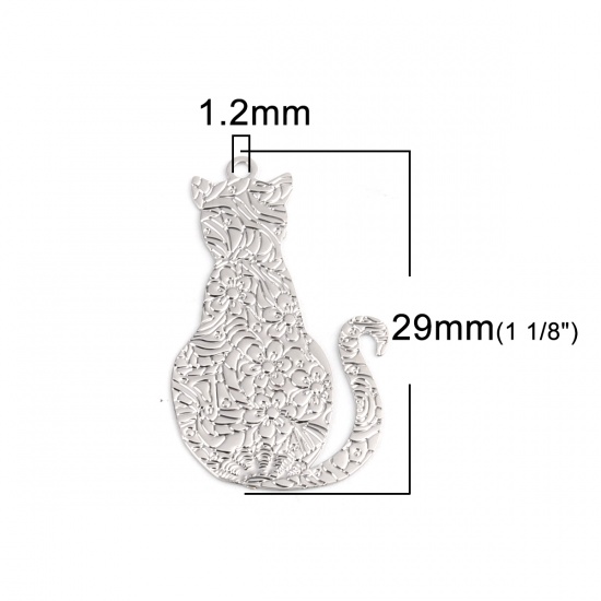Bild von Messing Filigran Stempel Verzierung Charms Katze Silberfarbe 29mm x 17mm, 10 Stück                                                                                                                                                                            