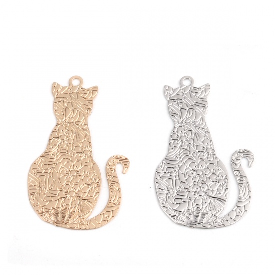 Picture of Brass Filigree Stamping Charms Silver Tone Cat Animal 29mm x 17mm, 10 PCs                                                                                                                                                                                     