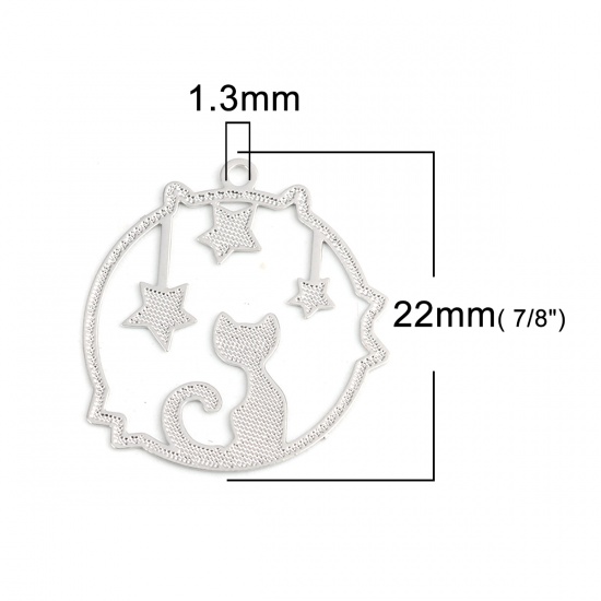 Picture of Brass Filigree Stamping Charms Silver Tone Round Cat Hollow 22mm x 20mm, 20 PCs                                                                                                                                                                               